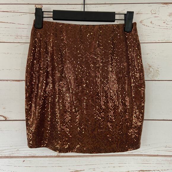 Windsor S Bronze Brown Sequin High Rise Slit Shiny Glittery Mini Skirt - Picture 7 of 9